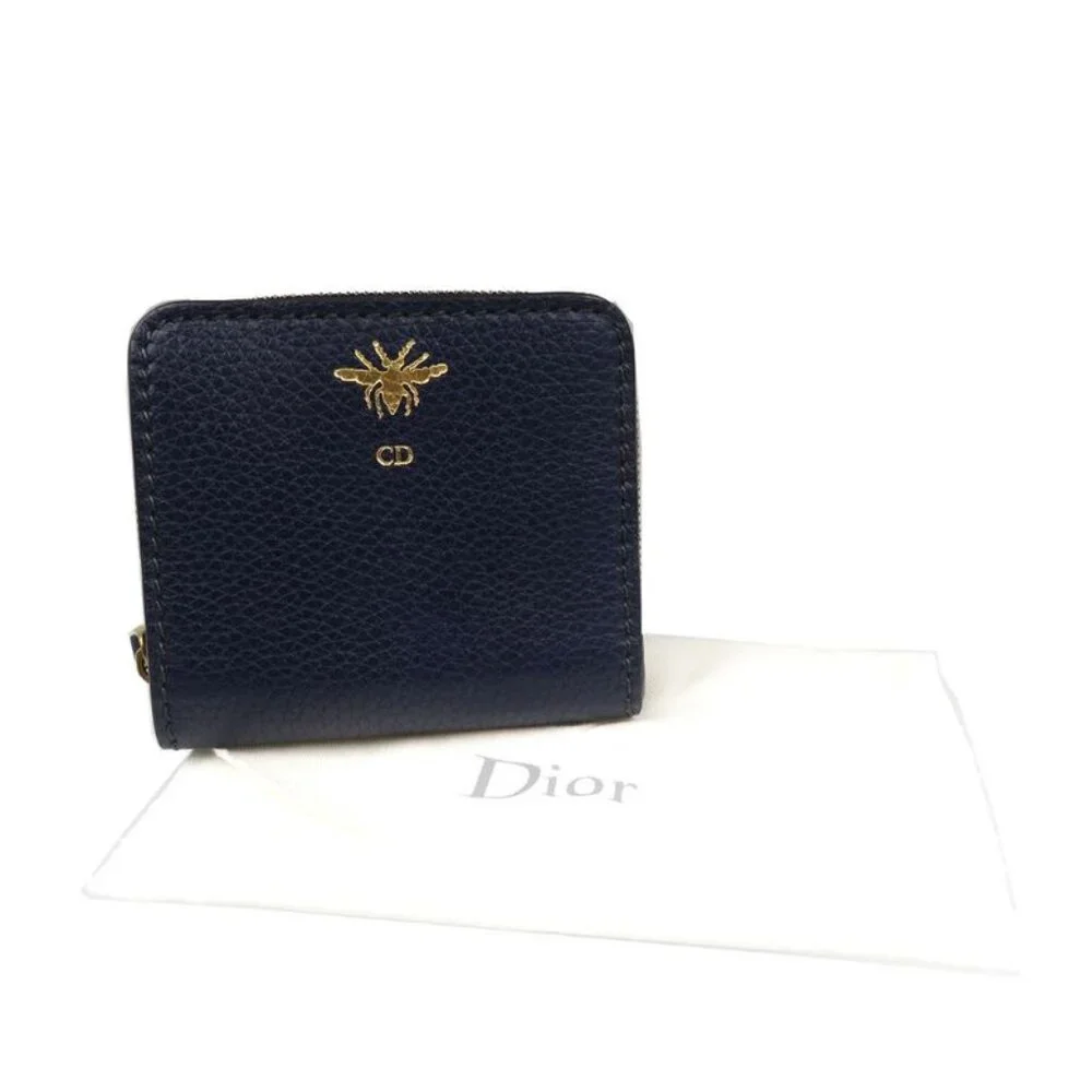 Christian Dior Bee Leather Gold Hardware Navy Blue Bifold Wallet 1128